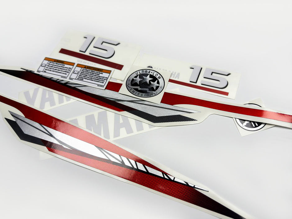 Vinyl graphic metalized silver red decals set suitable for Yamaha 15 hp two stroke outboard engine. Vinyl stickers kit for Yamaha 15 hp two stroke Handmade