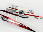 Vinyl graphic metalized silver red decals set suitable for Yamaha 15 hp two stroke outboard engine. Vinyl stickers kit for Yamaha 15 hp two stroke Handmade
