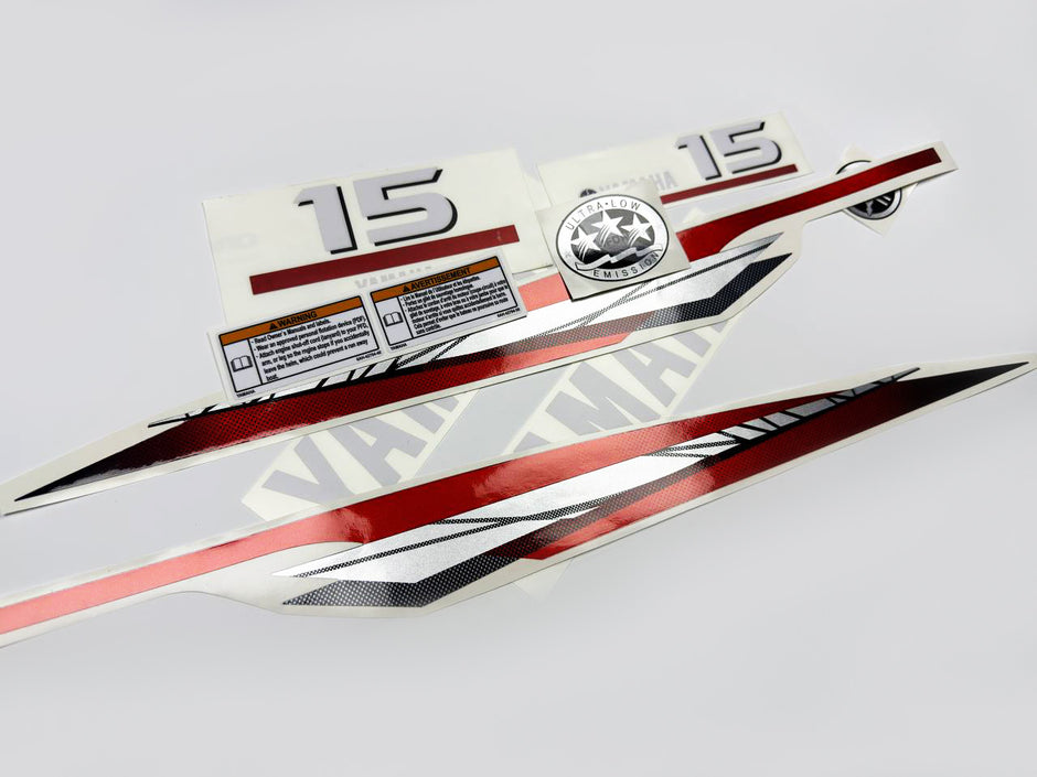 Vinyl graphic metalized silver red decals set suitable for Yamaha 15 hp two stroke outboard engine. Vinyl stickers kit for Yamaha 15 hp two stroke Handmade