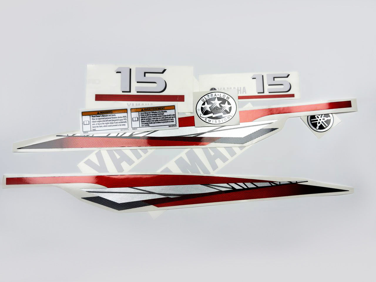 Vinyl graphic metalized silver red decals set suitable for Yamaha 15 hp two stroke outboard engine. Vinyl stickers kit for Yamaha 15 hp two stroke Handmade