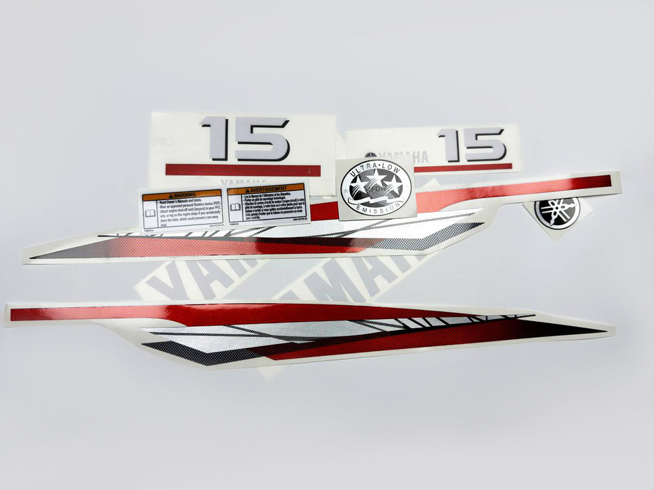 Vinyl graphic metalized silver red decals set suitable for Yamaha 15 hp two stroke outboard engine. Vinyl stickers kit for Yamaha 15 hp two stroke Handmade