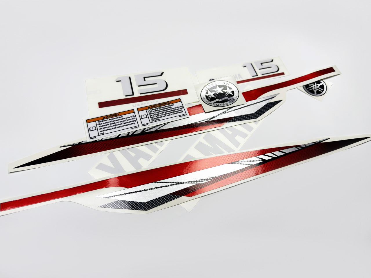 Vinyl graphic metalized silver red decals set suitable for Yamaha 15 hp two stroke outboard engine. Vinyl stickers kit for Yamaha 15 hp two stroke Handmade
