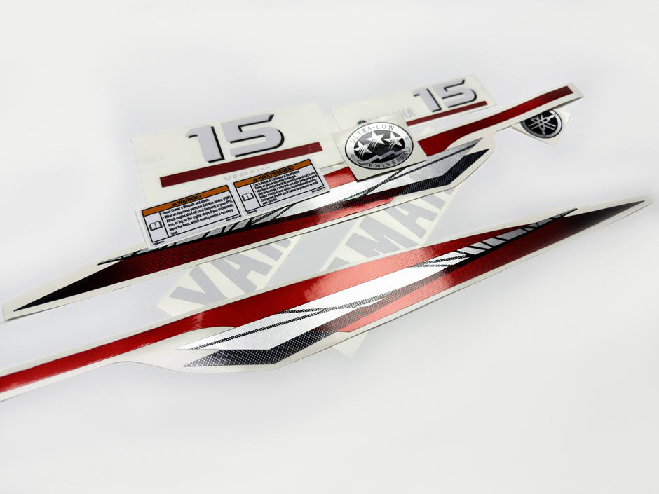 Vinyl graphic metalized silver red decals set suitable for Yamaha 15 hp two stroke outboard engine. Vinyl stickers kit for Yamaha 15 hp two stroke Handmade