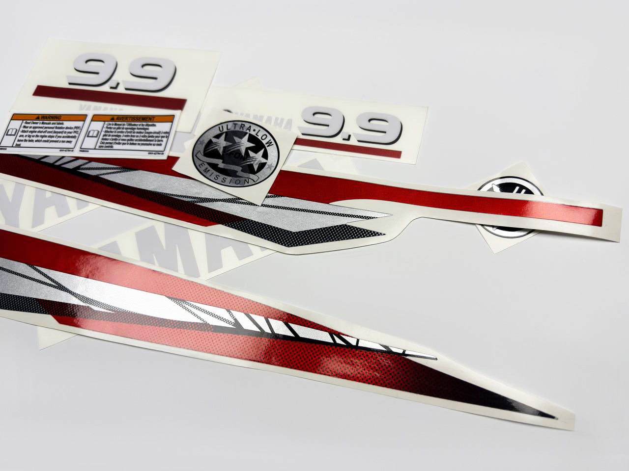 Vinyl graphic metalized silver red decals set suitable for Yamaha 9.9 hp two stroke outboard engine. Vinyl stickers kit for Yamaha 9.9 hp two stroke Handmade