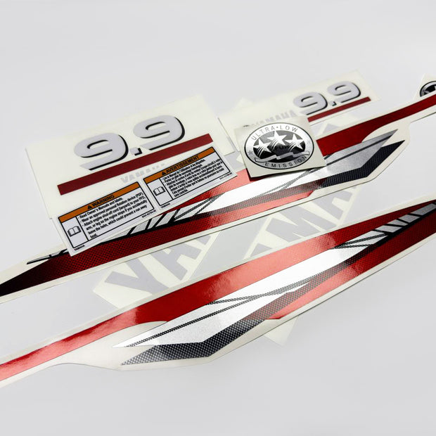 Vinyl graphic metalized silver red decals set suitable for Yamaha 9.9 hp two stroke outboard engine. Vinyl stickers kit for Yamaha 9.9 hp two stroke Handmade