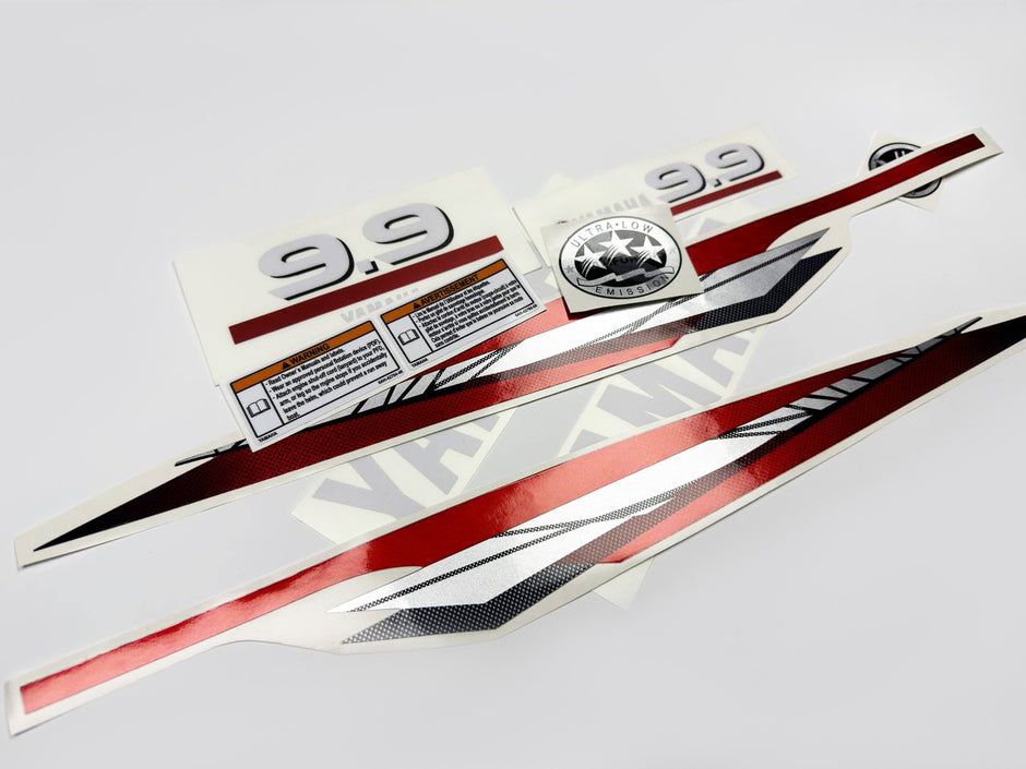 Vinyl graphic metalized silver red decals set suitable for Yamaha 9.9 hp two stroke outboard engine. Vinyl stickers kit for Yamaha 9.9 hp two stroke Handmade