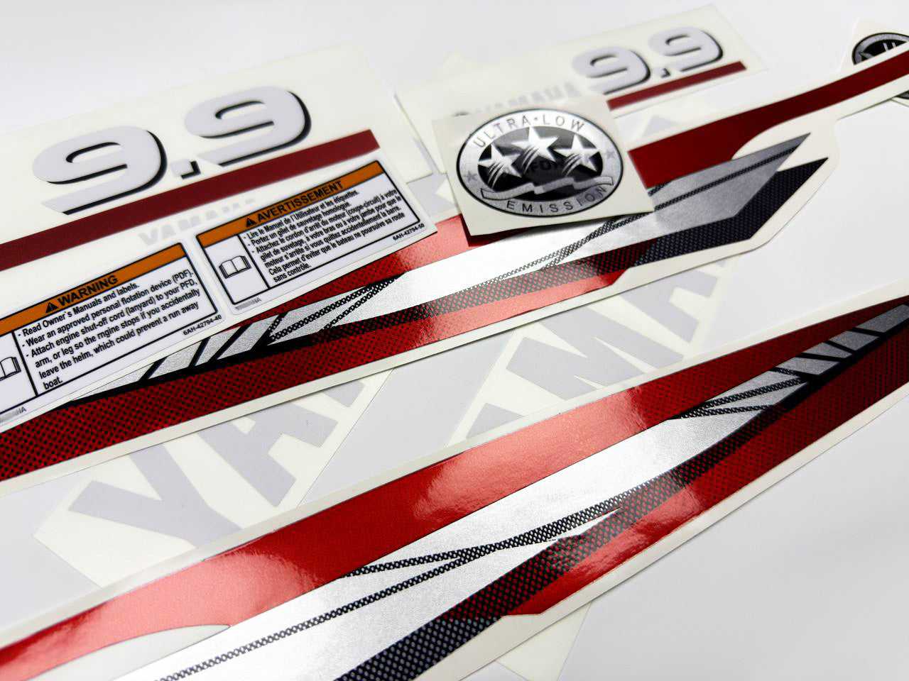 Vinyl graphic metalized silver red decals set suitable for Yamaha 9.9 hp two stroke outboard engine. Vinyl stickers kit for Yamaha 9.9 hp two stroke Handmade