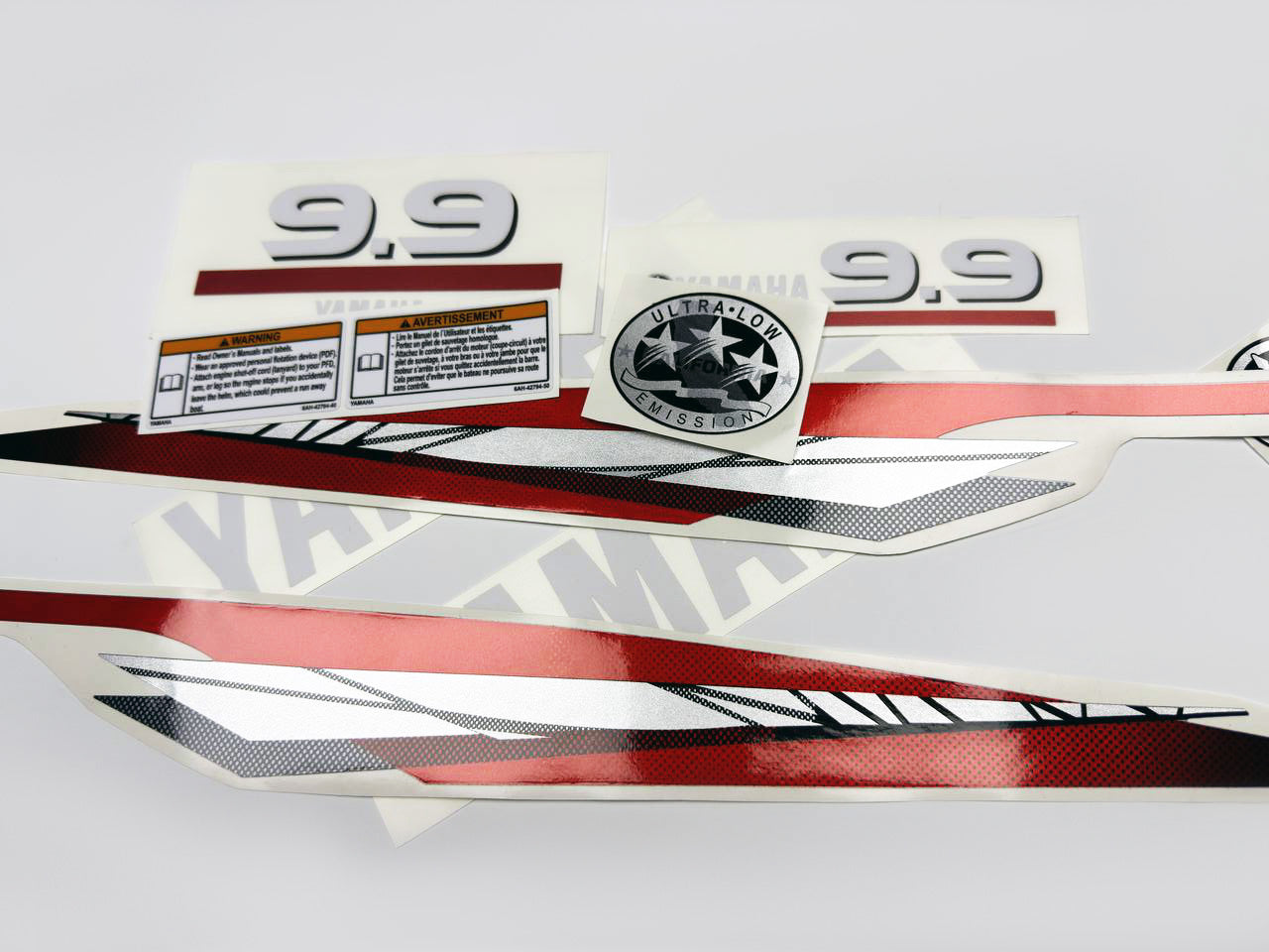 Vinyl graphic metalized silver red decals set suitable for Yamaha 9.9 hp two stroke outboard engine. Vinyl stickers kit for Yamaha 9.9 hp two stroke Handmade