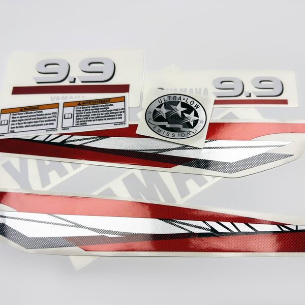 Vinyl graphic metalized silver red decals set suitable for Yamaha 9.9 hp two stroke outboard engine. Vinyl stickers kit for Yamaha 9.9 hp two stroke Handmade
