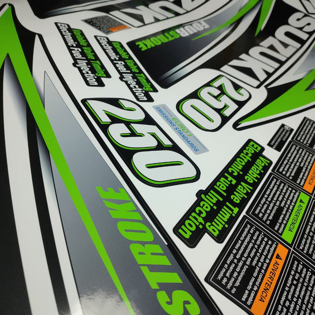 Vinyl graphic green decals set suitable for Suzuki 250 hp four stroke outboard engine. Vinyl stickers kit for Suzuki hp four stroke Handmade